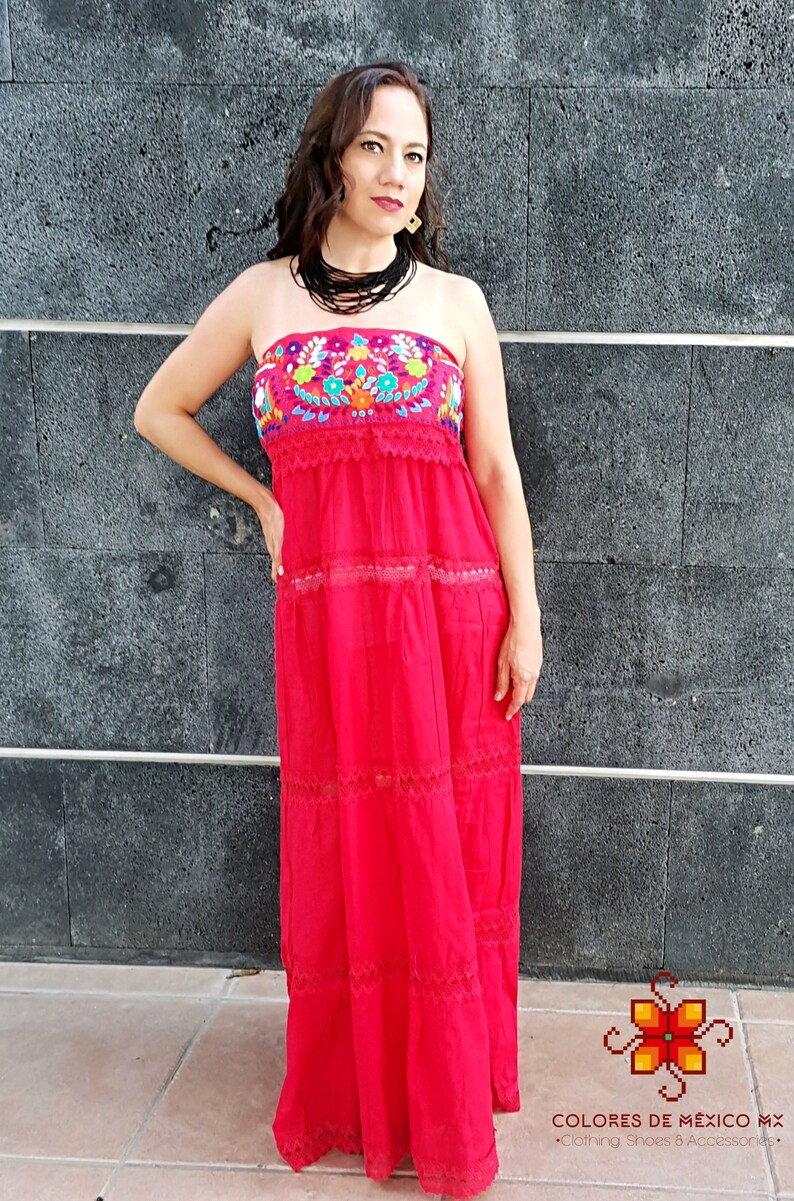 Mexican Dress strapless long dress Embroidered Dress Traditional Mexican Dress mexican dress up mexican folk dress Floral Dress image 6