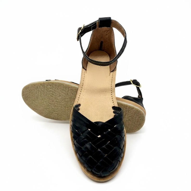 Mexican Leather Huarache sandals with Ankle Strap for Women, Mexican sandals, Mexican Shoes, leather sandals for women Black