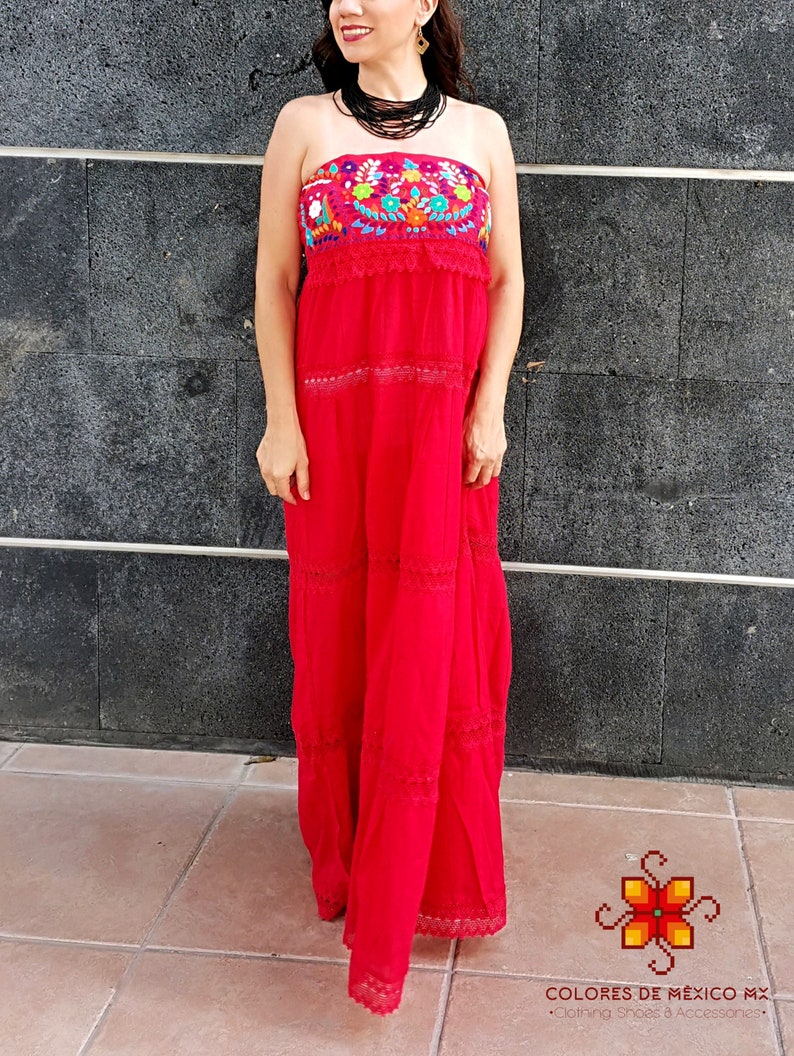 Mexican Dress strapless long dress Embroidered Dress Traditional Mexican Dress mexican dress up mexican folk dress Floral Dress image 7