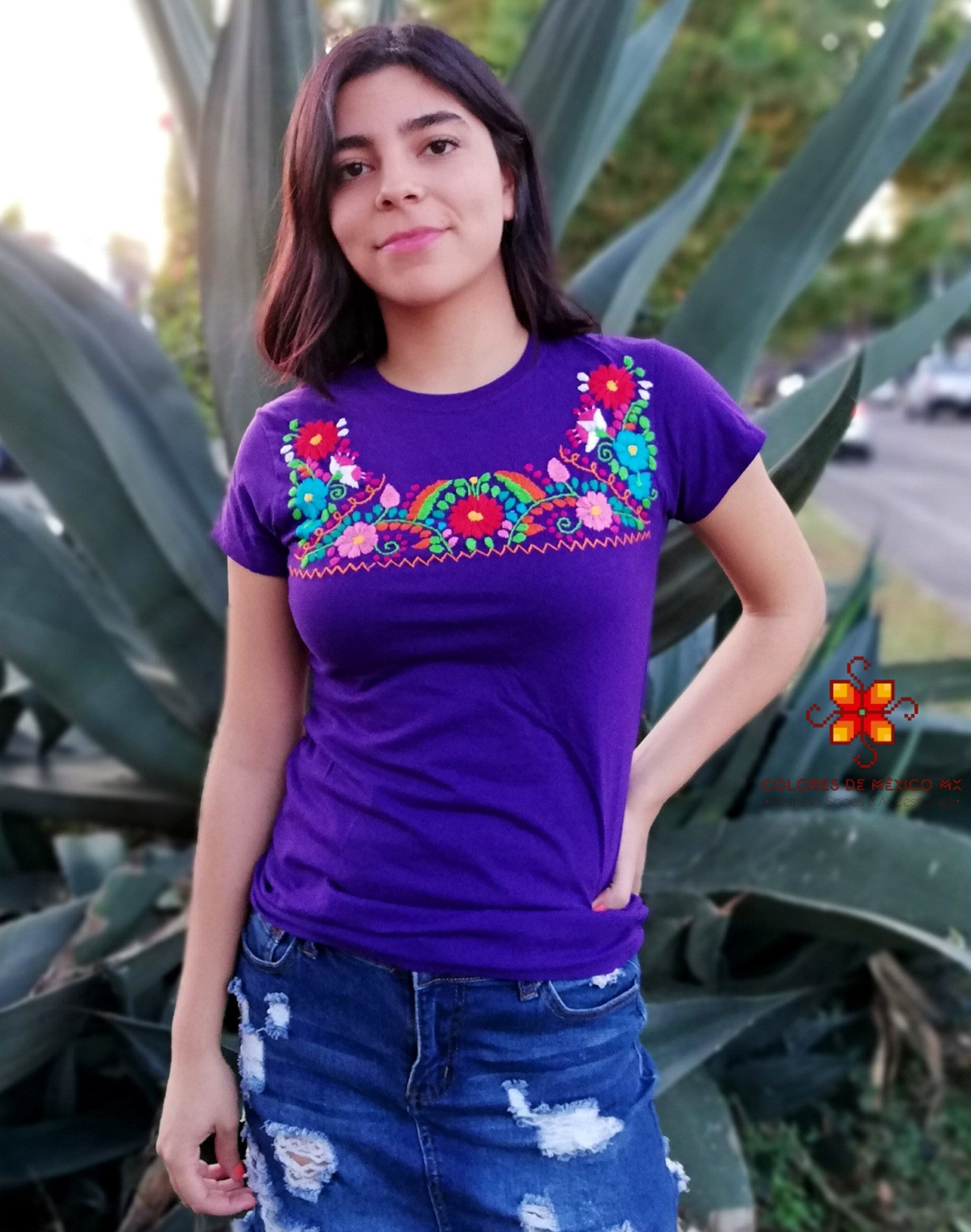 oaxaca　刺繍　半袖　トップス　メキシコ　ハンドメイド メキシコ T シャツ花刺繍半袖 - トップ手作りカラー紫 - ウイピル