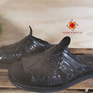 Mexikanische Lederschuhe für Herren. Handgefertigte Sandalen für Herren. Formeller Huarache für Partys. Traditioneller mexikanischer Schuh. Bequeme Sohle, Farbe: Schwarz