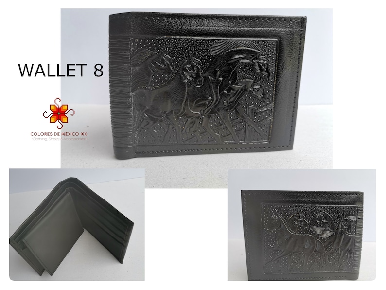 Puede incluir: Cartera de cuero negro con un dise&ntilde;o en relieve de un ciervo. La cartera est&aacute; cerrada y tiene un borde cosido. El texto "WALLET 8" es visible en la esquina superior izquierda de la imagen.