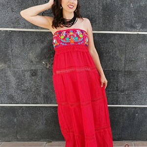 Mexican Dress strapless long dress Embroidered Dress Traditional Mexican Dress mexican dress up mexican folk dress Floral Dress Red
