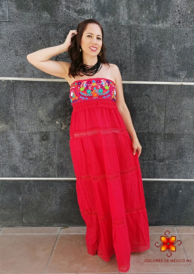 Mexican Dress strapless long dress Embroidered Dress Traditional Mexican Dress mexican dress up mexican folk dress Floral Dress Red