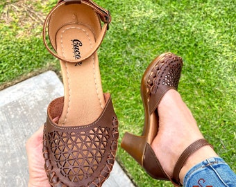 Chaussures en cuir, chaussures plateforme pour femmes, sandales Huarache, chaussures Boho mexicaines couleur marron, chaussures tissées, sandales faites à la main, chaussures mexicaines