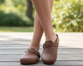 Handmade Leather Clog Mule with Adjustable Buckle - Handcrafted Mexican Slip-On Comfort Shoe, Anti-Slip Sole, Casual Everyday Wear