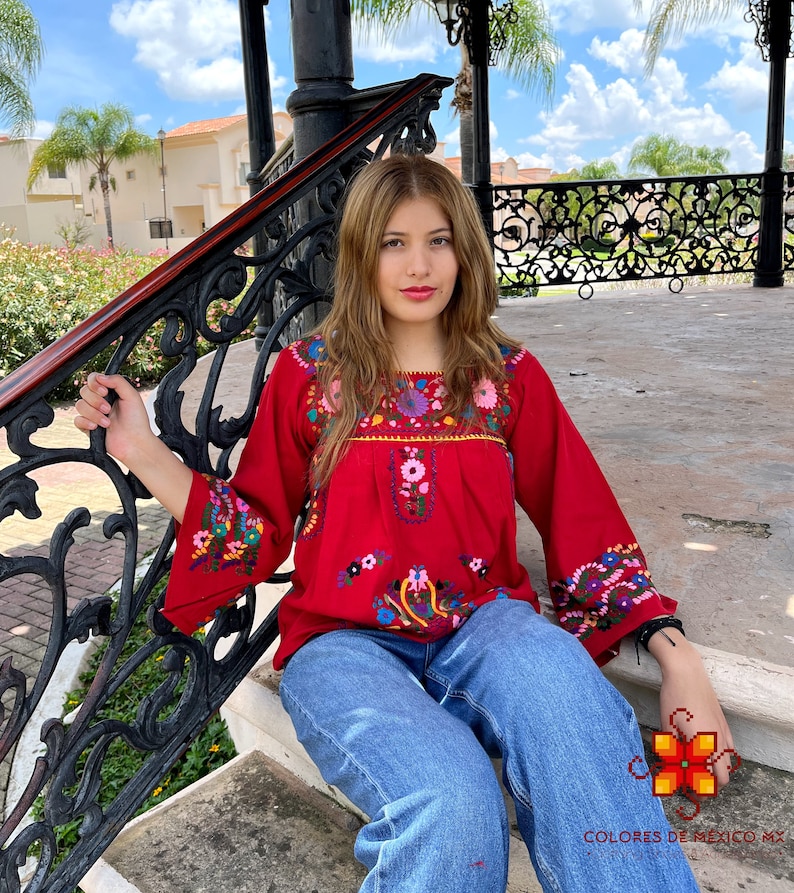Mexican Blouse - Handmade Blouse - Embroidered blouse - floral blouse - Bell Sleeve blouse - more Colors - All Sizes image 4