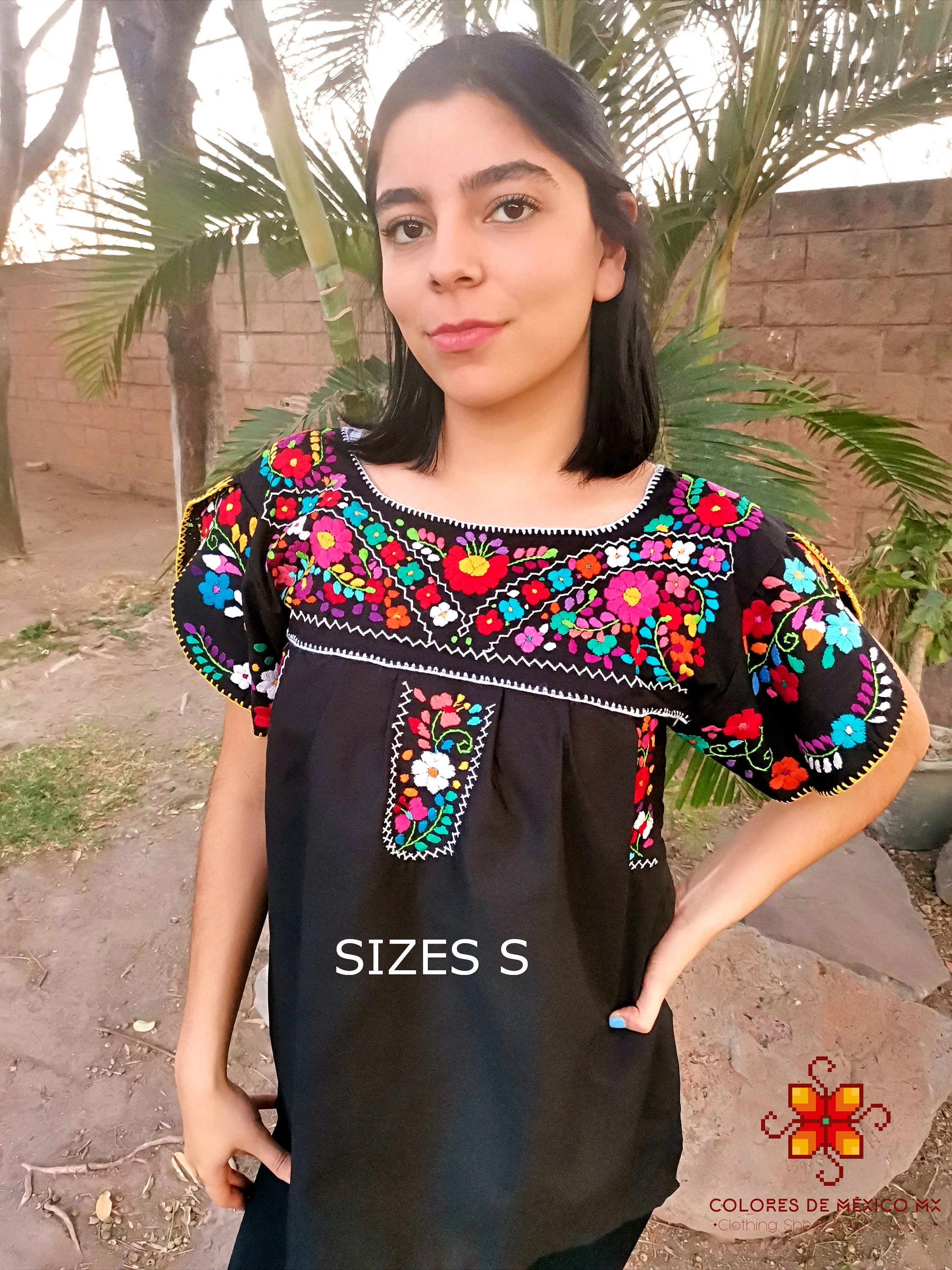 Mexican Blouse Embroidered Flowers Short Sleeve, Handmade Blouse
