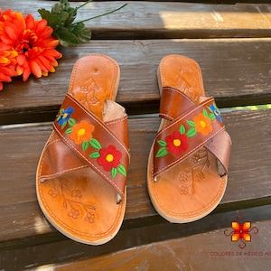 Mexicaanse leren Huarache-sandalen met geborduurde bloemen, Mexicaanse sandalen met leren schoenen voor dames, Mexicaanse huaraches-schoenen, comfortabele slippers