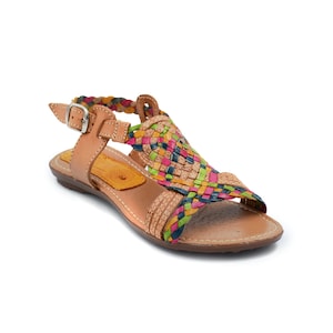 May include: A pair of brown leather sandals with a woven strap design in shades of pink, yellow, green, and blue. The sandals have a buckle closure and a flat sole.