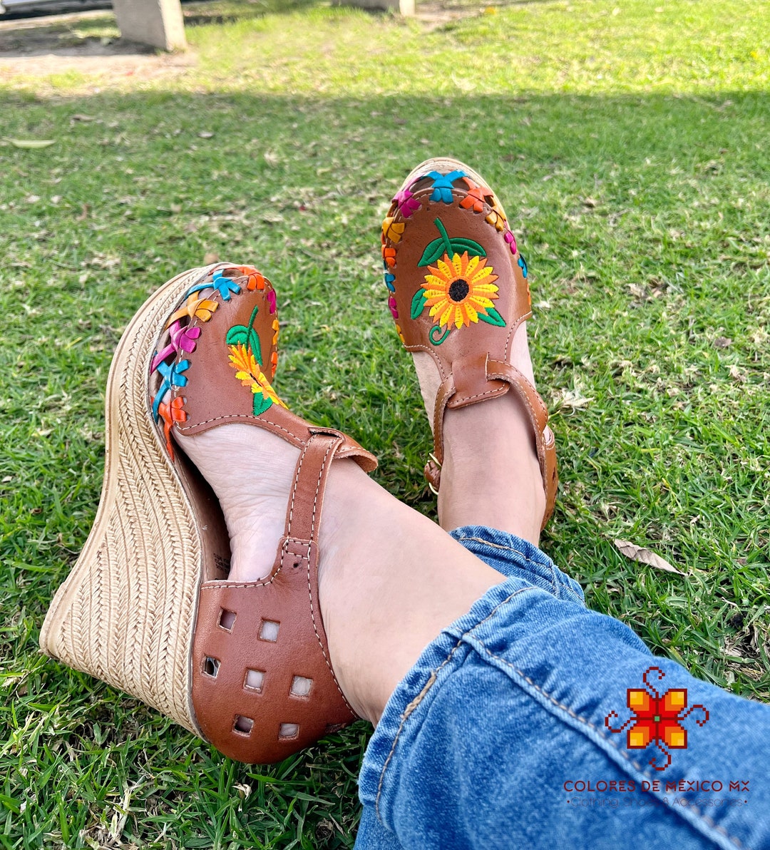 Leather Shoes Embroidered Flower Colored Strips Platform - Etsy