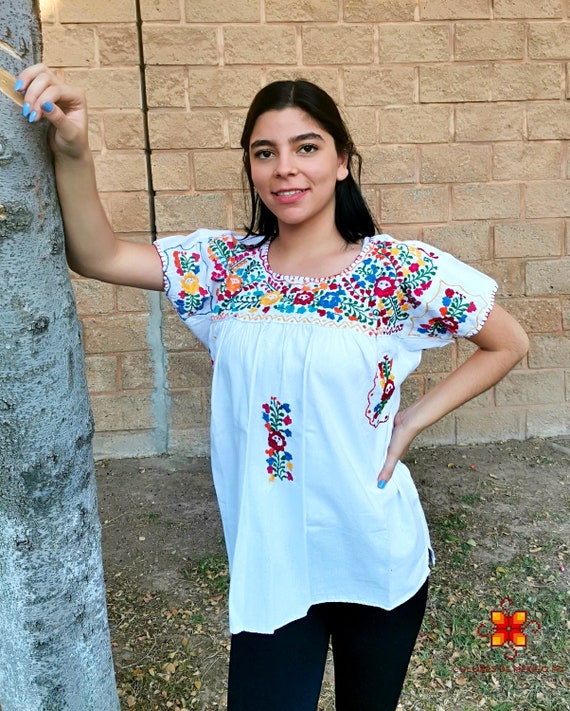 Mexican blouse embroidered flowers blouse Huipil handmade | Etsy