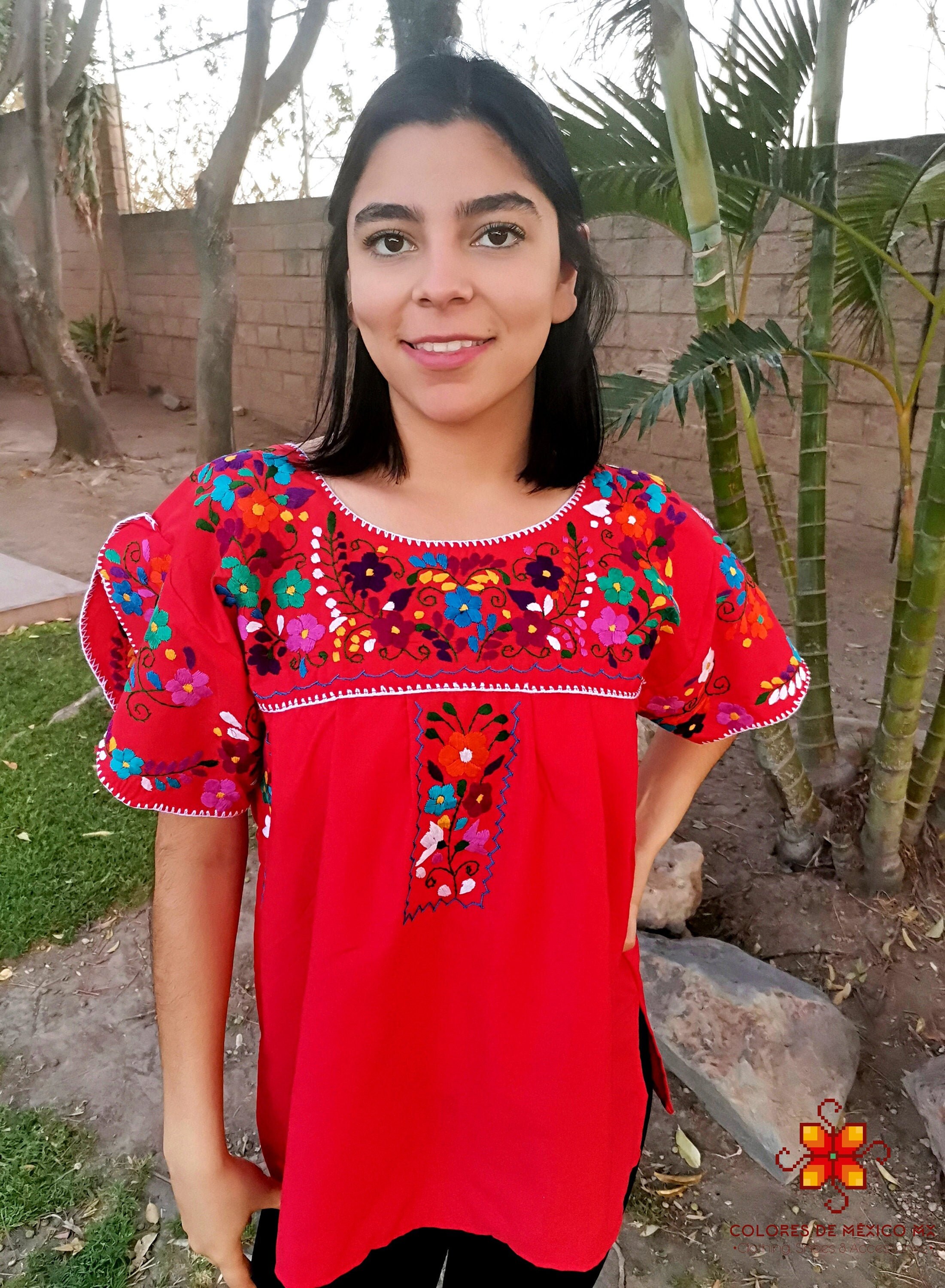 Mexican Women Top Boho Short Sleeve Embroidered Flowers - Etsy