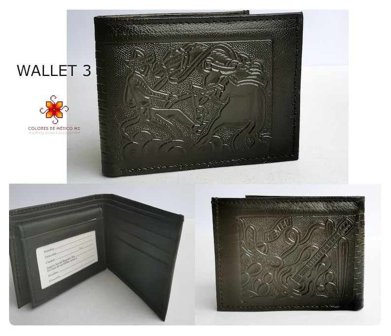 Puede incluir: Una cartera de cuero negro con un dise&ntilde;o en relieve de un vaquero montando un toro. La cartera tiene m&uacute;ltiples ranuras para tarjetas y un portafolios.