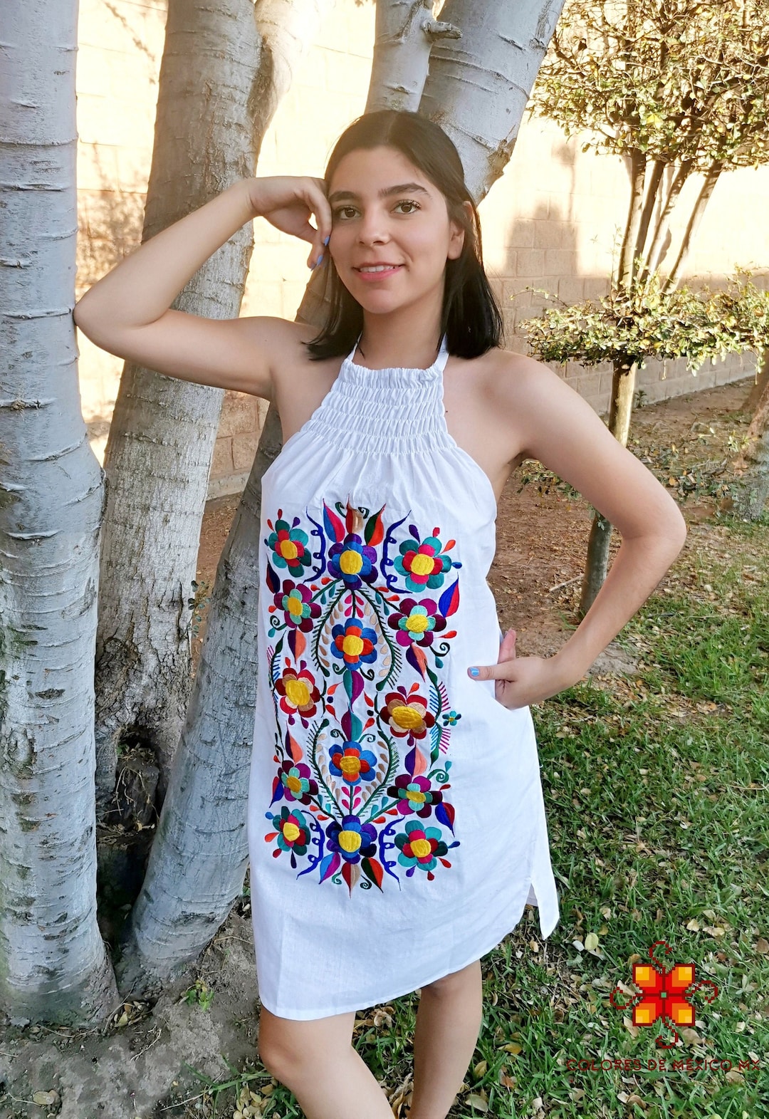 Mexican Dress halter - handmade Dress - Embroidered elegant Dress - Traditional Mexican Dress - Mexican Dress up - Mexican folk Dress -