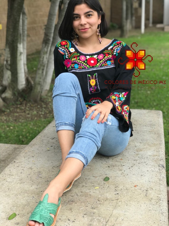 Mexican Blouse Bell Sleeve Color Black - Handmade Blouse