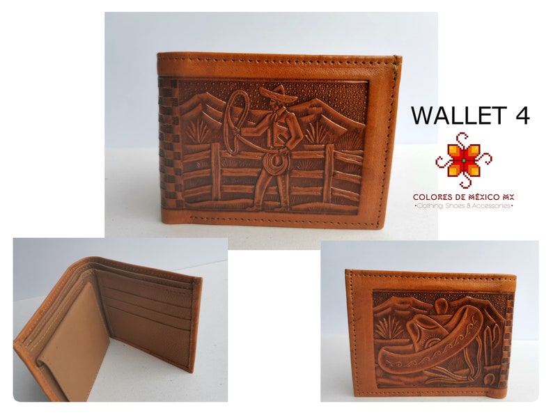 Puede incluir: Una cartera de cuero marr&oacute;n con un dise&ntilde;o estampado de un vaquero montando un caballo. La cartera tiene m&uacute;ltiples ranuras para tarjetas y un portafolios. El texto "WALLET 4" y "COLORES DE M&Eacute;XICO MX" es visible en la imagen.
