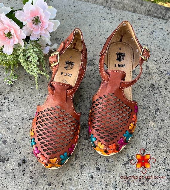 Leahter Sandal Huarache Handmade With Colored Strips, Platform