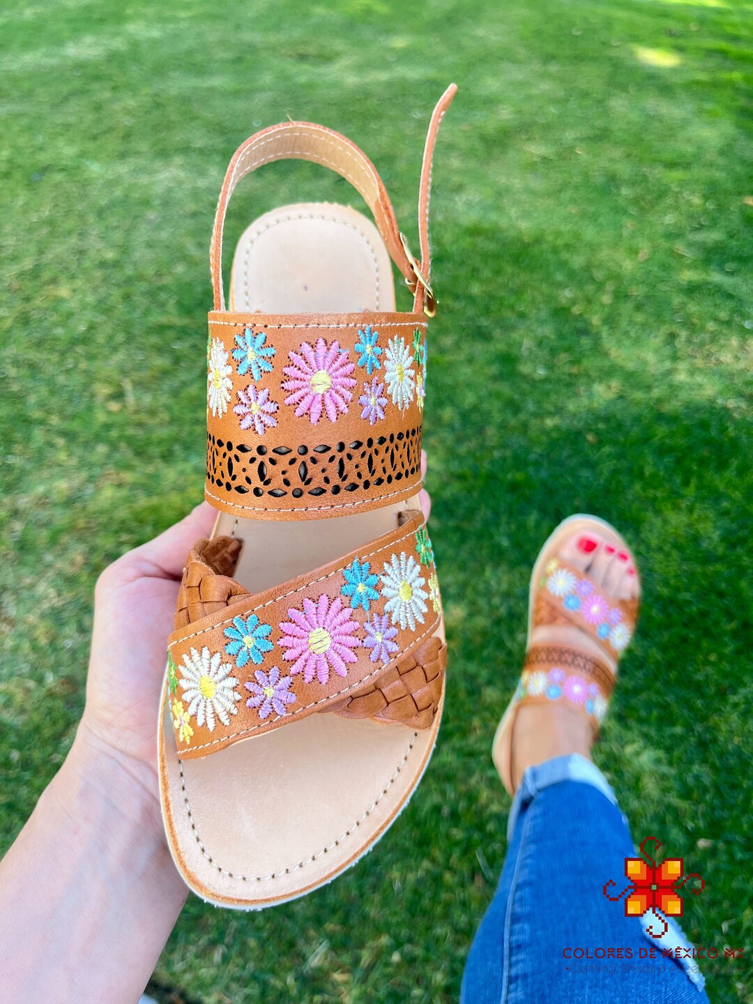 Mexican Huarache Sandals for Women, Flower Embroidered Sandals, Leather