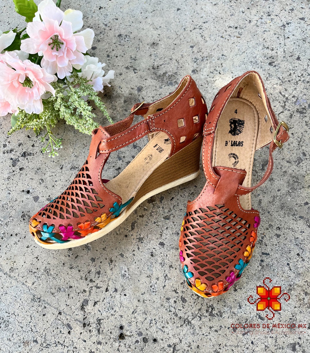 Leahter Sandal Huarache Handmade With Colored Strips, Platform