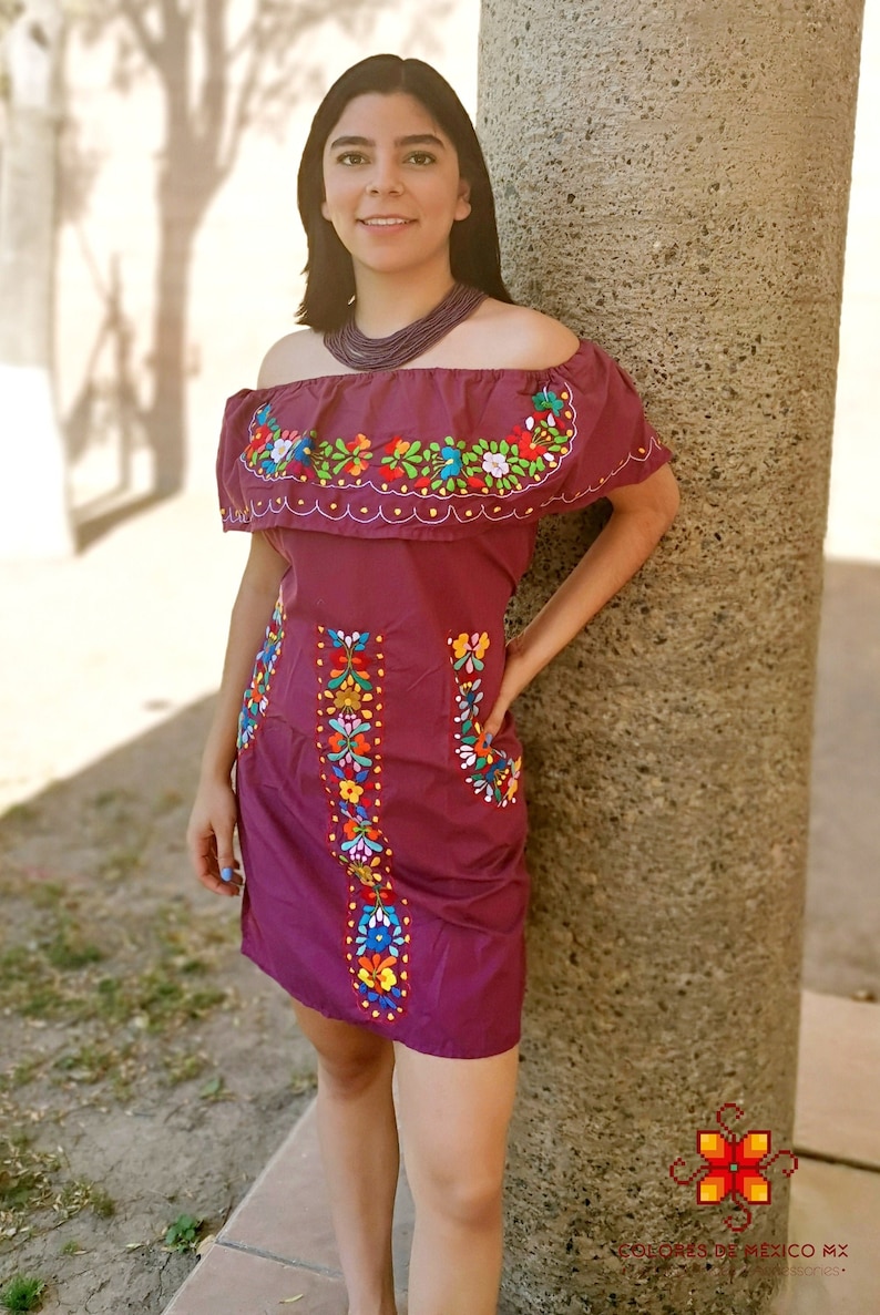 Mexican Dress - off shoulder dress - Embroidered Dress - Traditional Dress - mexican dress up - mexican folk dress black burgundy light