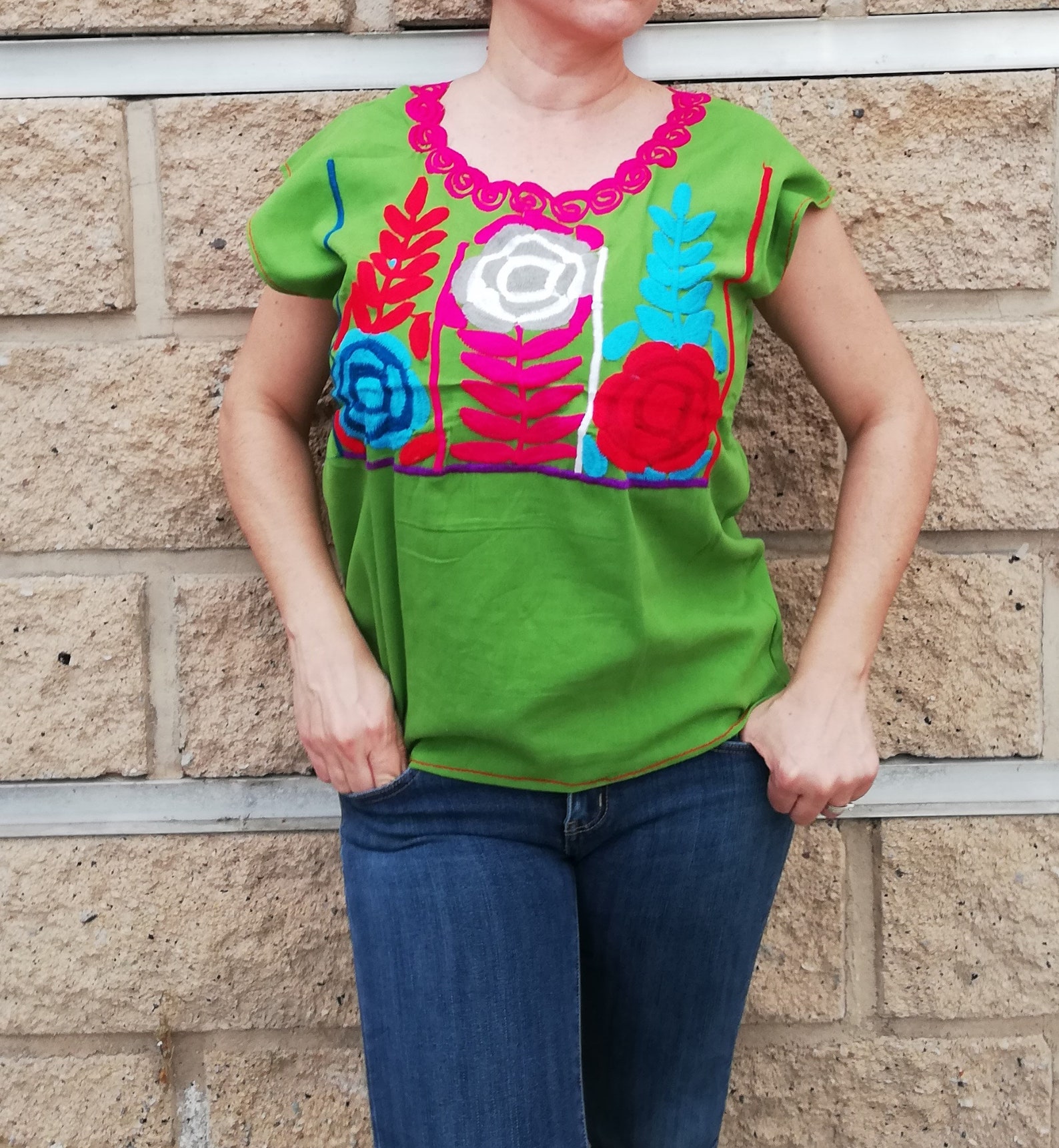 Blouse Boho Mexicaine Taille XL - Manches 3/4 - Broderie Noire - 95% Rayon