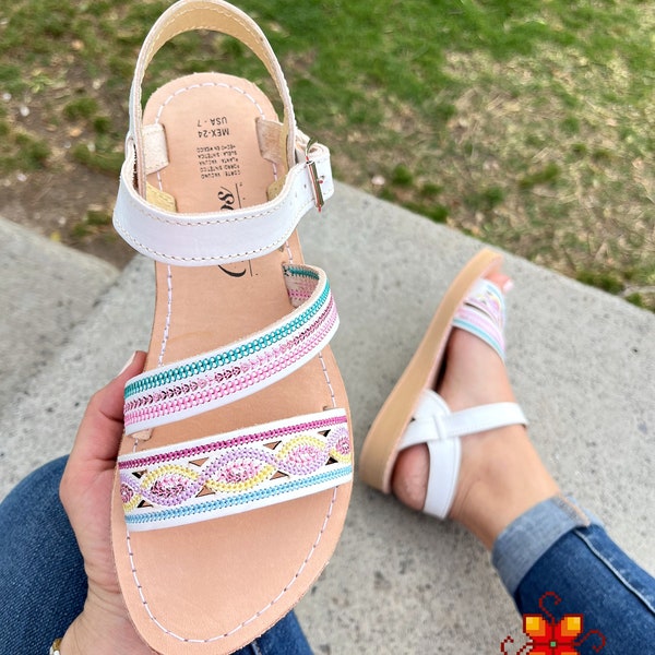 Mexican leather sandal embroidered with colorful sequin and ankle bracelet - Leather Mexican Shoes leather sandals women - leather huarache