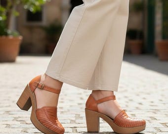 Mexican Genuine Leather Platform Shoes with Ankle Strap, Platform women shoes, Huarache sandals, Mexican shoes, leather sandals handmade