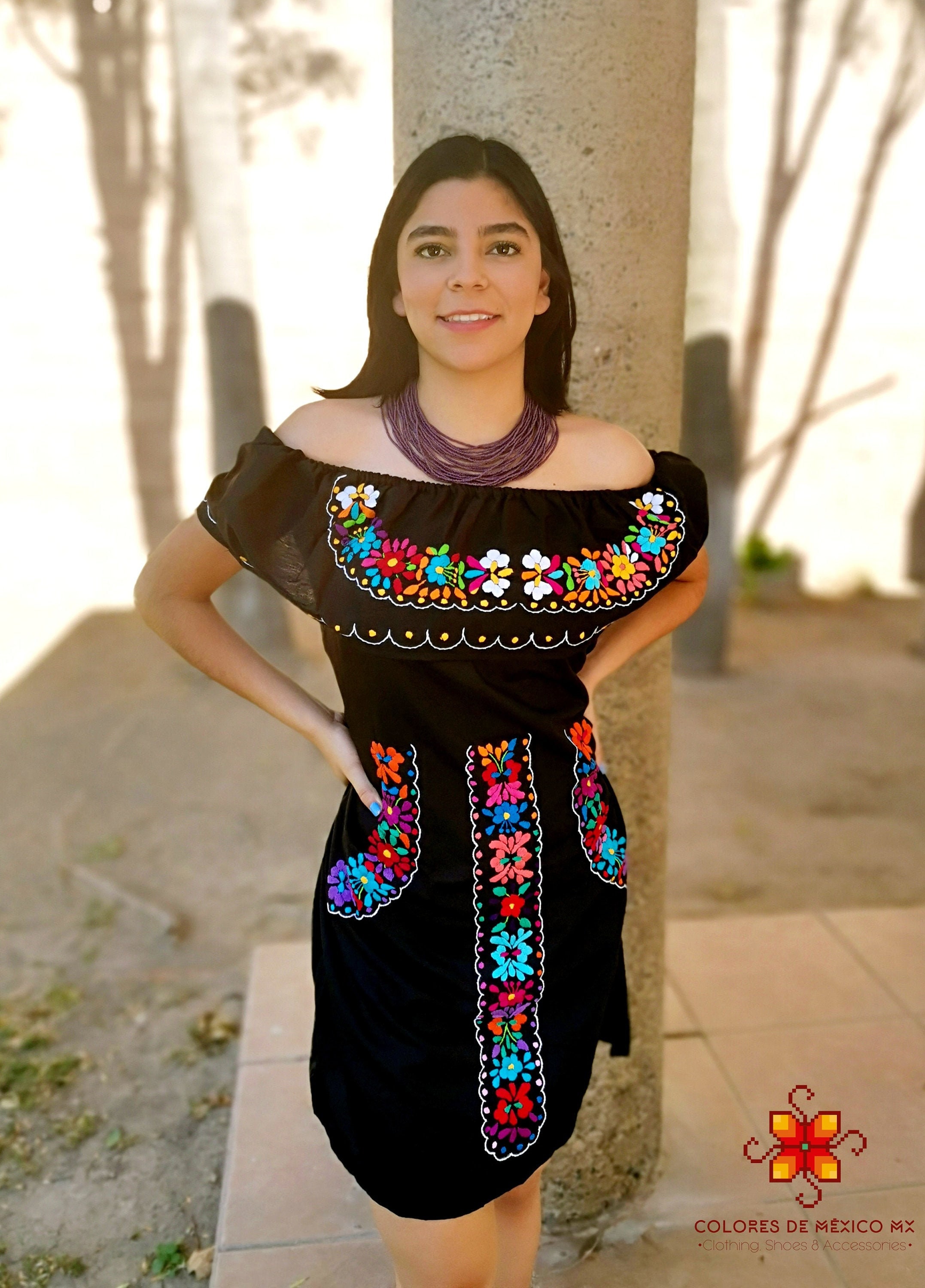 Mexican Dress - Off Shoulder Dress - Embroidered Dress - Traditional Dress - Mexican Dress Up - Mexican Folk Dress Black