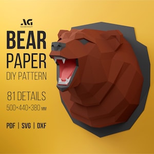 Papercraft 3D, Testa d'orso 3D papercraft, Trofeo d'orso, Papercraft orso, Low Polygon, Trofeo di papercraft, Origami fai da te, File digitale, Orso