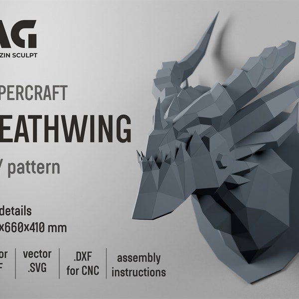 Papercraft, Deathwing head 3D, Deathwing trophy, Deathwing papercraft, Low Polygon, Warcraft, DIY origami, Digital file, Deathwing