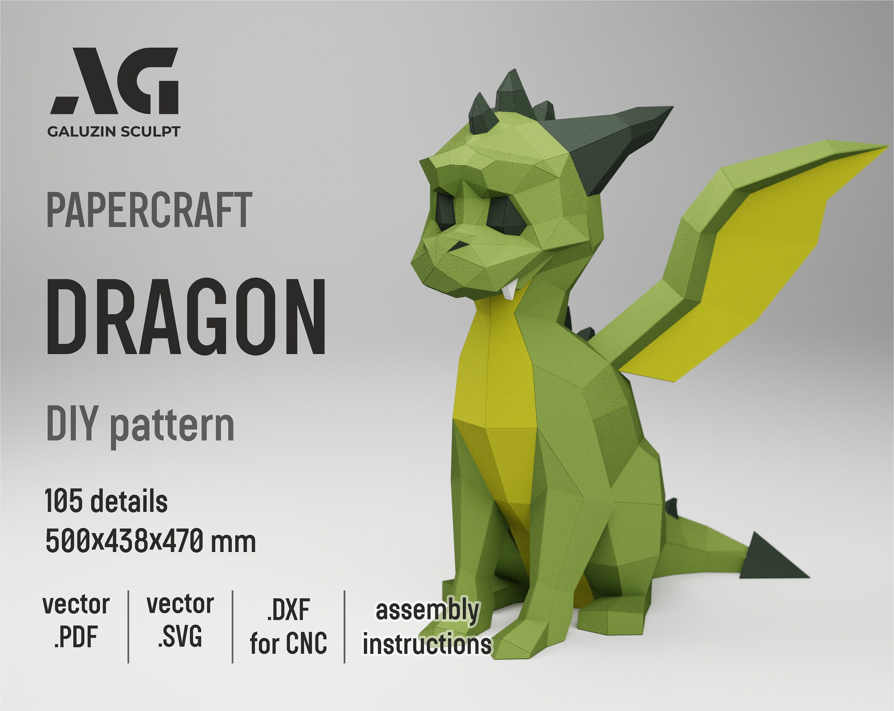 Sitting Dragon, 3D, Dragon, Papercraft, Low Polygon, DIY Origami ...
