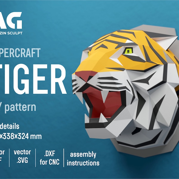 Papercraft 3D, Trophée Tigre, Pepakura, Papier Polygonal, Low Polygon, Trophée Papercraft, DIY origami, diy papercraft tigre, oxygami