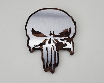 Punisher Skull | Metal Art On Wood | Distressed Cracked Skull | Americana Wall Plaque Gift | Mancave