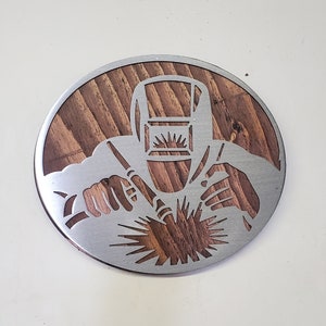 Welding Craftsman Metal Art on Wood | Welder guy metal art tribute | welding wall sign gift tig mig welder wall decor