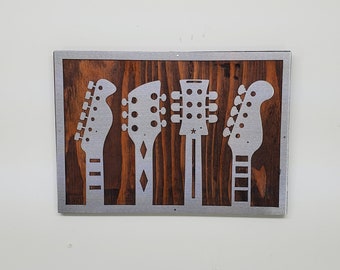 Guitar Headstock Metal Art on Wood Wall Décor | Musician Gift | Music Room decor