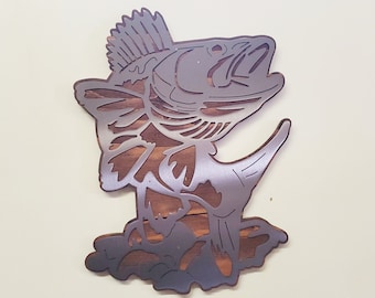 Walleye Fish Metal Art on Wood: Cabin Lake Home Decor