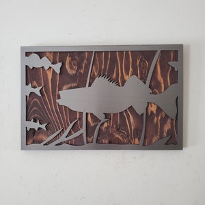 Walleye Fish Metal Art on Wood: Cabin Fishing Decor