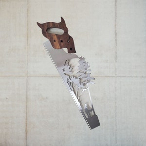 Handcrafted Handsaw with Lumberjack and Trees Sculpture Wall | Rustic Wood and Metal Wall Décor| Timber and Logger Nature Art | Made in USA