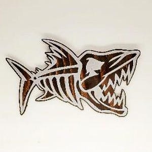 Piranha Bone Fish Mount: Steel & Wood Nautical Wall Art Jaws fish teeth