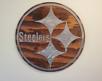 Pittsburgh Steelers tribute | metal art on wood | Made in USA | rustic handmade wall decor