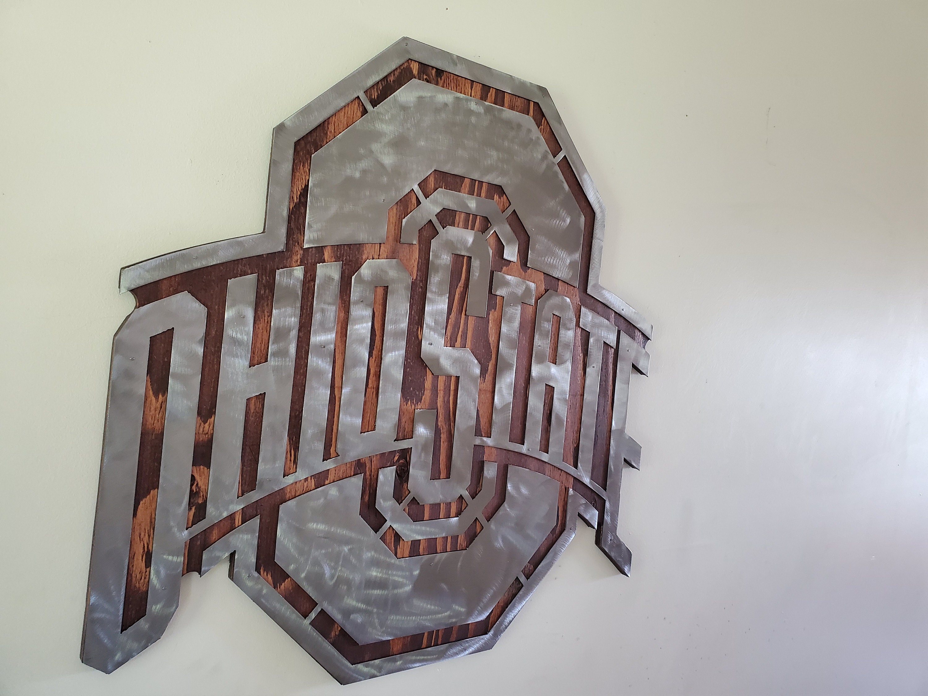 OHIO STATE Buckeyes tribute metal art on wood rustic wall