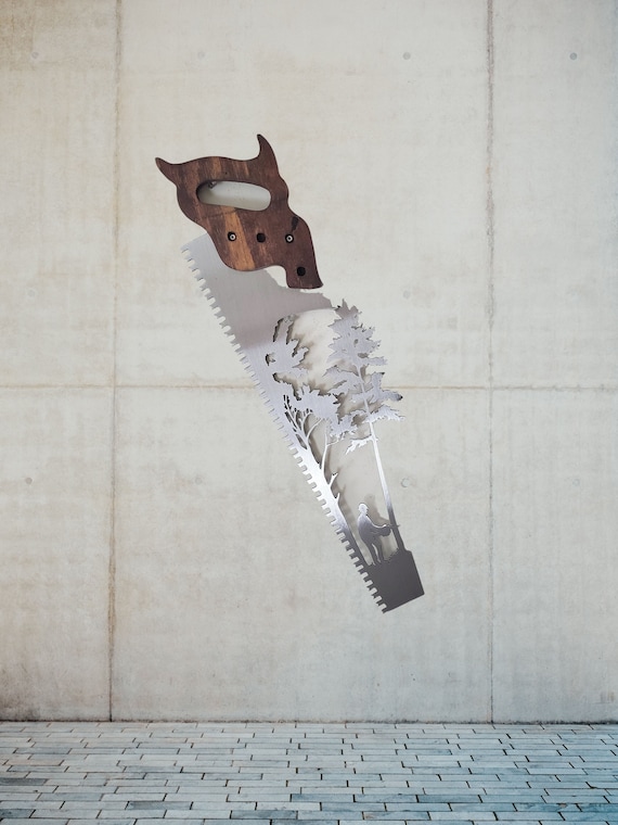 Handcrafted Handsaw With Lumberjack and Trees Sculpture Wall