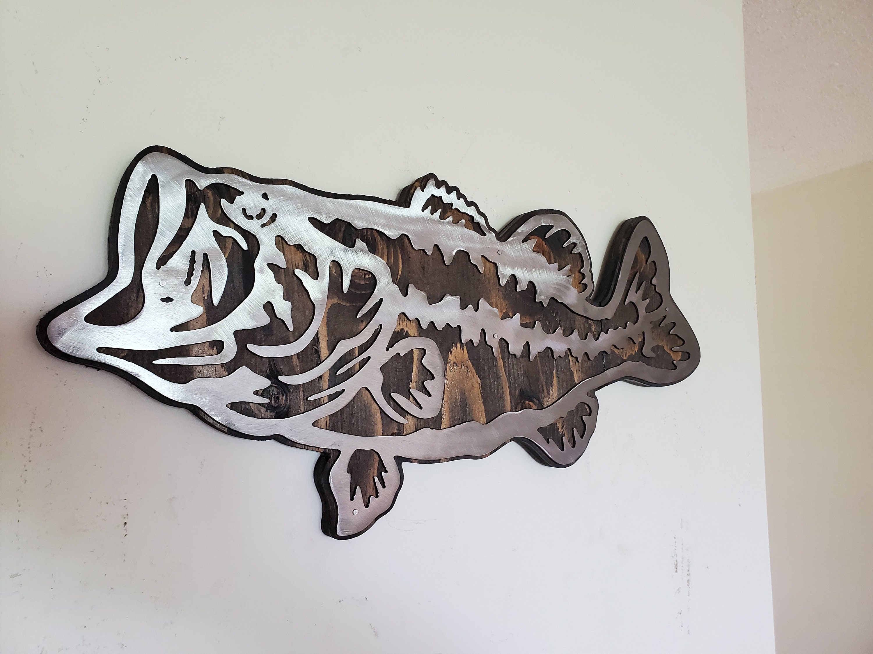 LARGE MOUTH BASS fish metal art on wood metal art wall decor Etsy