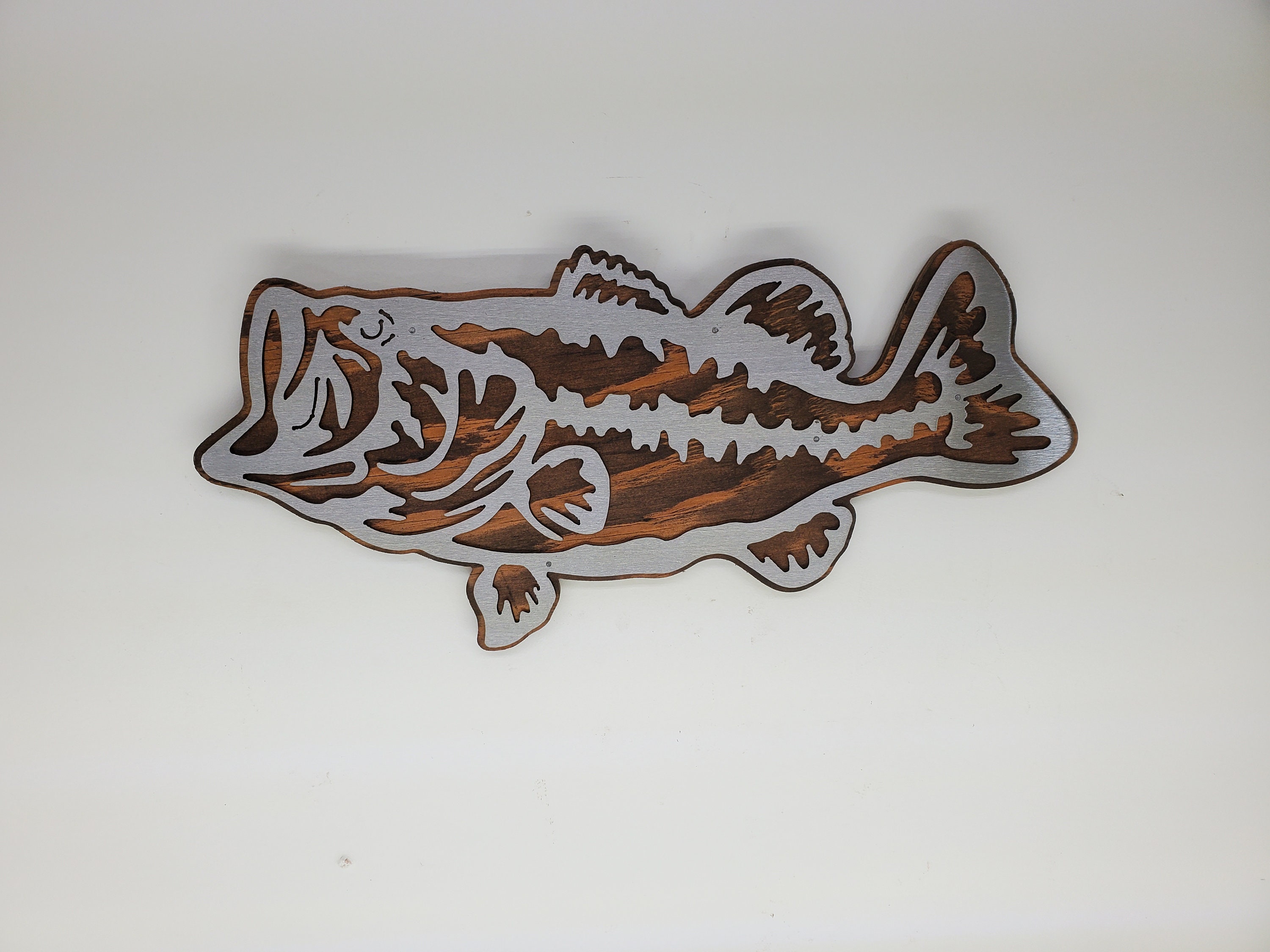 Large Mouth Bass Fish Metal Art on Wood Cabin Wall Decor Fishing