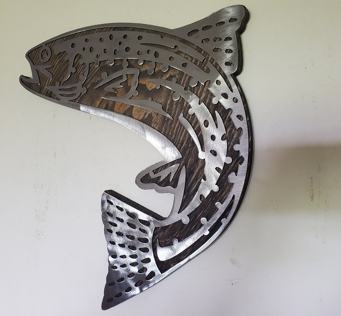 RAINBOW TROUT Fish Metal Art on Wood Fishing Metal Art Wall Etsy