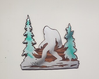 Big Foot with Trees Metal Art | Sasquatch Steel on Wood | Wilderness Scene | Unique Funny Design