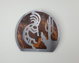 Kokopelli  with Wolf scene |Wall Art | Rustic Wood and Metal Native American and Southwestern Wall Décor | Home office decor