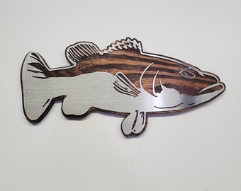 Sea Bass Fish | Metal Art on Wood Wall Decor | Ocean Fishing | Deep Sea | Fisherman Rustic Wall Hanging | Seabass