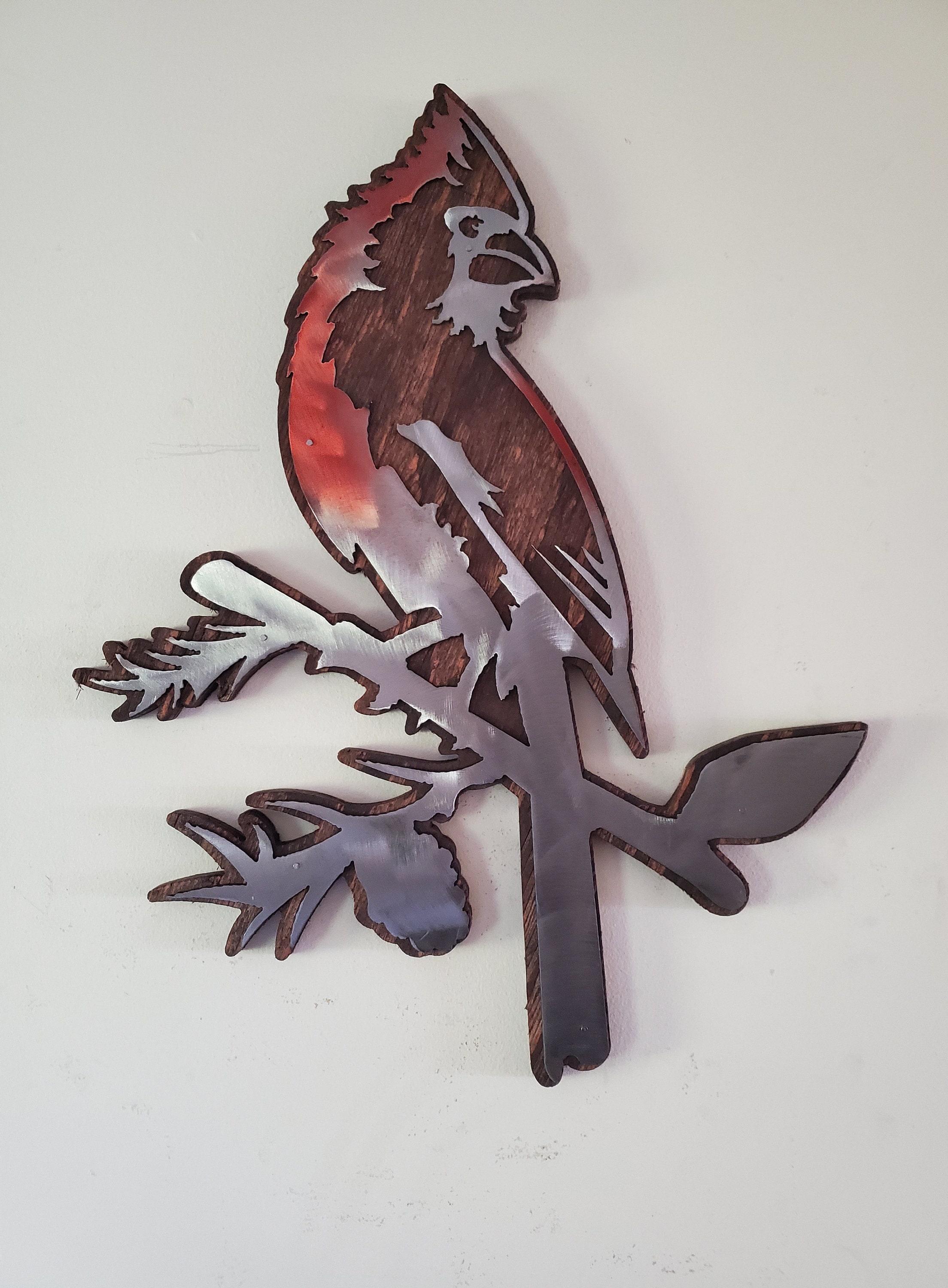 Cardinal bird metal art on wood bird wall décor Made in
